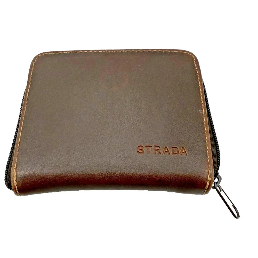 STRADA Brown Leather Wallet with Zip-Around Closure for Men or Women